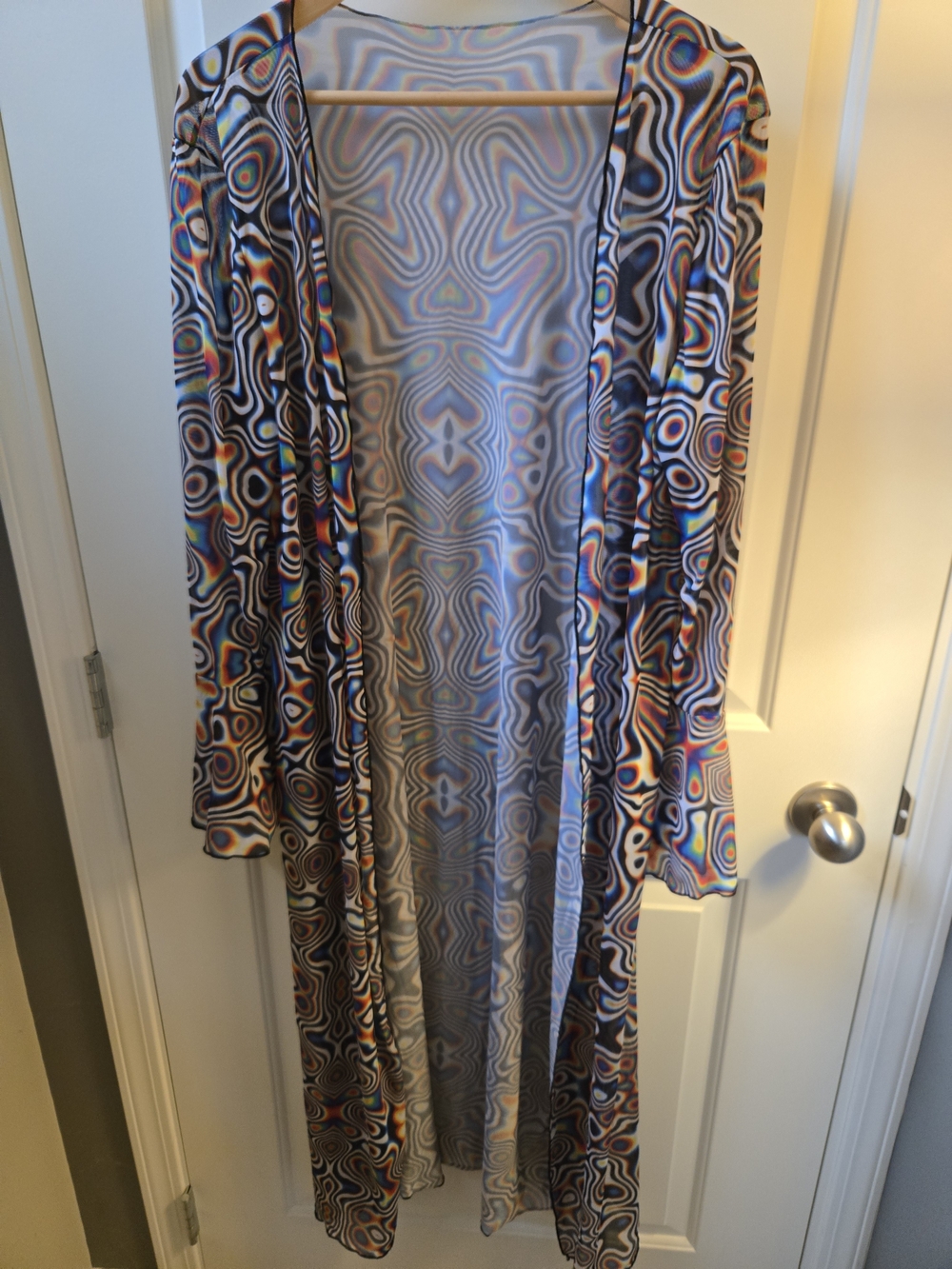 Long Open-Front Sheer Duster in Multicolour Swirl Print | OS